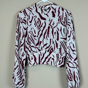 Idem Ditto Cream/Burgundy Long Sleeve Animal Print Smocked Crop Top; Size M
